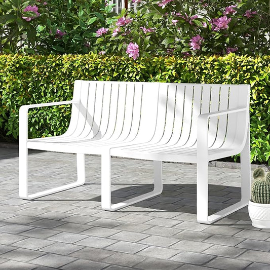 Tangkula Patio Loveseat, Weather-Resistant Plastic 2-Person Bench with Curved Backrest, Outdoor Conversation Furniture with Slatted Design for Patio, Poolside, Backyard, Garden, Deck, Lawn (White)