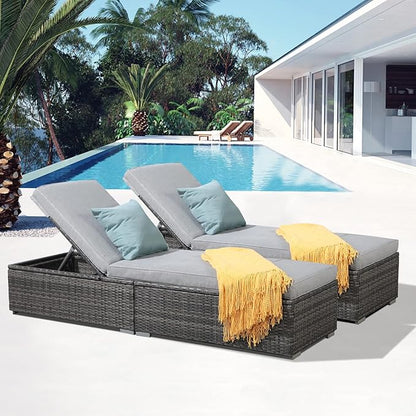 Patiorama Outdoor Patio Chaise Lounge Chair, Elegant Reclining Adjustable Pool Rattan Chaise Lounge Chair with Light Grey Cushion, Grey PE Wicker, Steel Frame, Set of 2