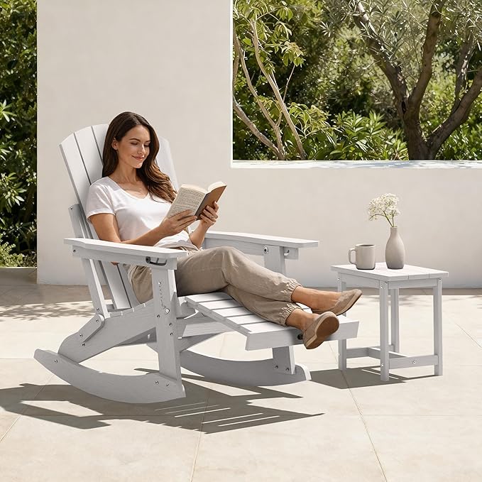 Adirondack Rocking Chair with Retractable Ottoman, 4-in-1 Foldable Reclining Patio Chair, HDPE Wood-Look Outdoor Rocker for Porch, Garden & Poolside, White