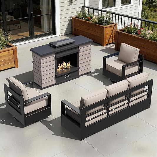 Outdoor Aluminum Furniture Set, 4-Piece Patio Conversation Set, 2 Swivel Chairs, 1 Sofa and 1 Fireplace, All-Weather Metal Frame, 6" Thick Removable Cushions, Deep Setting for Garden and Porch