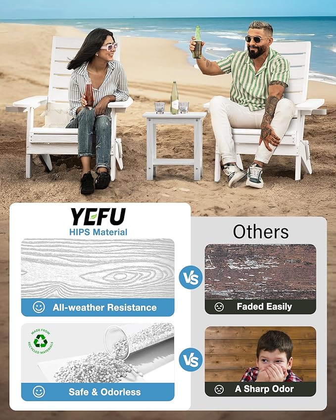 YEFU Adirondack Chair, Folding Adirondack Chairs Set of 2 with Arc Back & Cup Holder, Weather Resistant Plastic Oversized Chair for Outdoor Patio Lawn Garden Backyard Deck Fire Pit, White