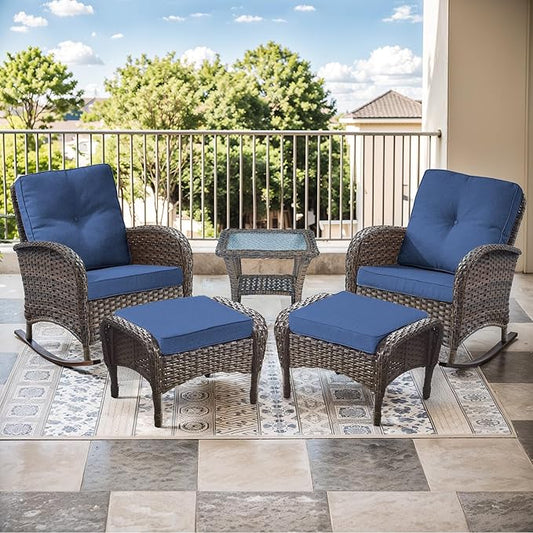 Patio Rocking Chair - 5 Peices Outdoor Wicker Rocker Porch Chair Set with Tempered Glass Side Table, and 2 Ottoman, Rattan Seating for Balcony Garden Brown/Blue