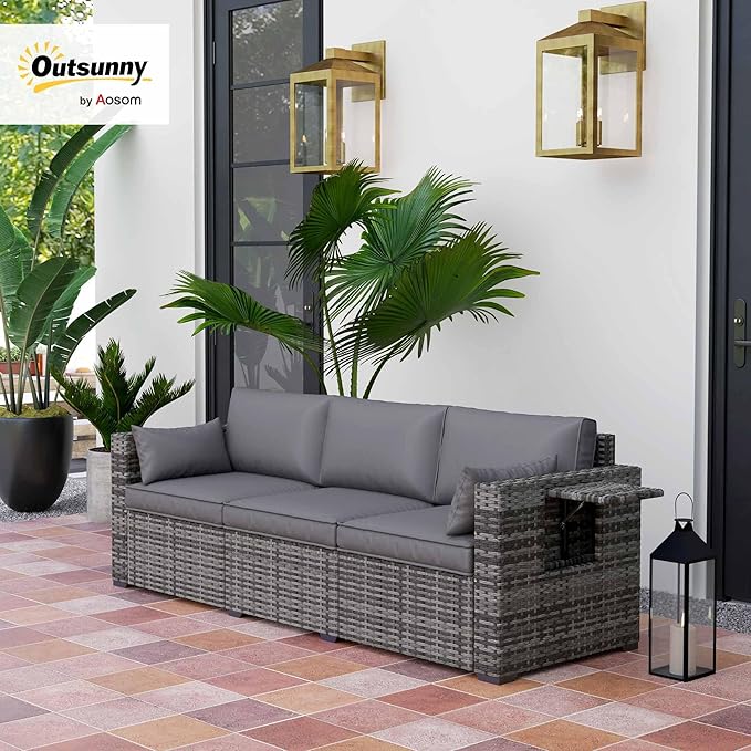 Outsunny 3 Seater Wicker Sofa with Side Tray Tables, Rattan Outdoor Patio Sofa with 6" Thick Back Cushions, Outdoor Wicker Couch with Deep Seating, Pillows for Porch, Garden, Backyard, Mixed Gray