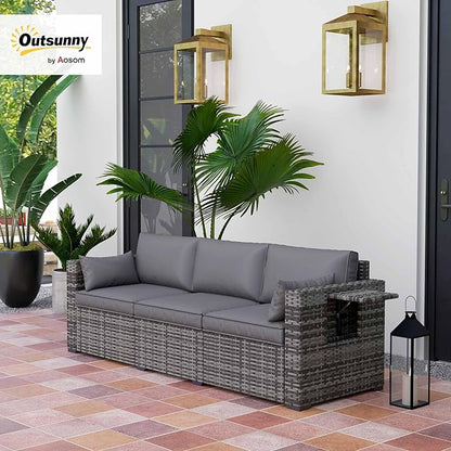 Outsunny 3 Seater Wicker Sofa with Side Tray Tables, Rattan Outdoor Patio Sofa with 6" Thick Back Cushions, Outdoor Wicker Couch with Deep Seating, Pillows for Porch, Garden, Backyard, Mixed Gray