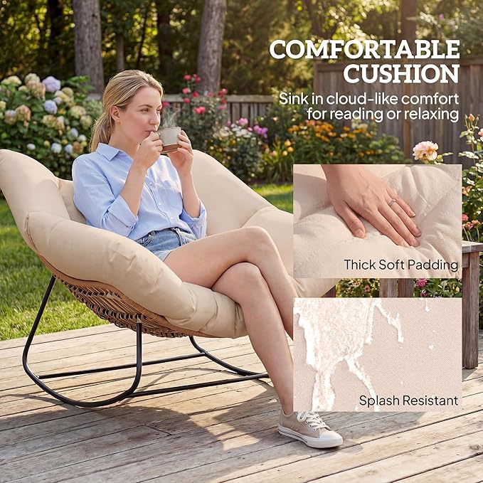 Outsunny Papasan Rocking Chair, Wicker Oversized Indoor Outdoor Rocking Chair with Cushion, PE Rattan Padded Outdoor Rocker Egg Chairs for Living Room, Garden, Patio, Balcony, Cream White
