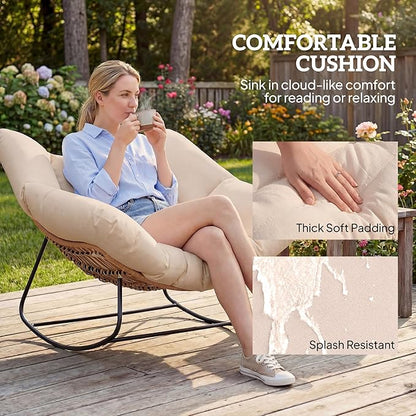Outsunny Papasan Rocking Chair, Wicker Oversized Indoor Outdoor Rocking Chair with Cushion, PE Rattan Padded Outdoor Rocker Egg Chairs for Living Room, Garden, Patio, Balcony, Cream White