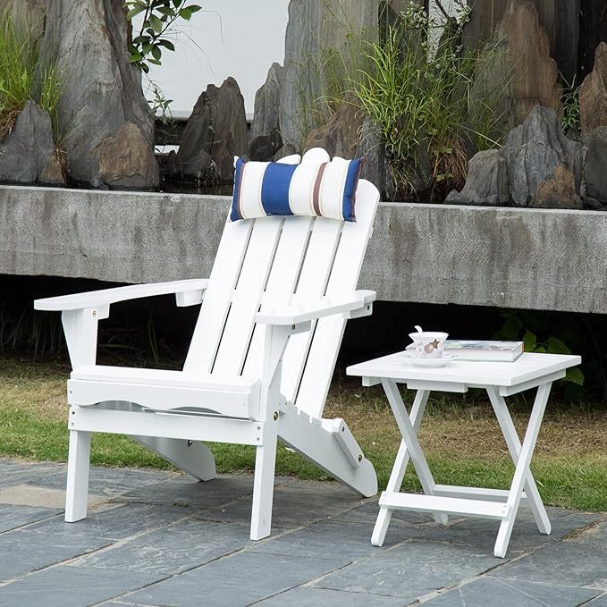 DJL Folding Adirondack Chairs Set of 2 Outdoor Wood Fire Pit Chair with Cushion for Lawn & Lawn, White