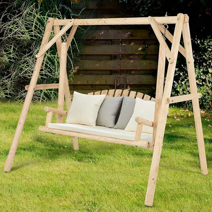 Tangkula A-Frame Wood Log Swing Bench, Outdoor Rustic Curved Back Swing Chair for Patio Garden Yard - Photo 2