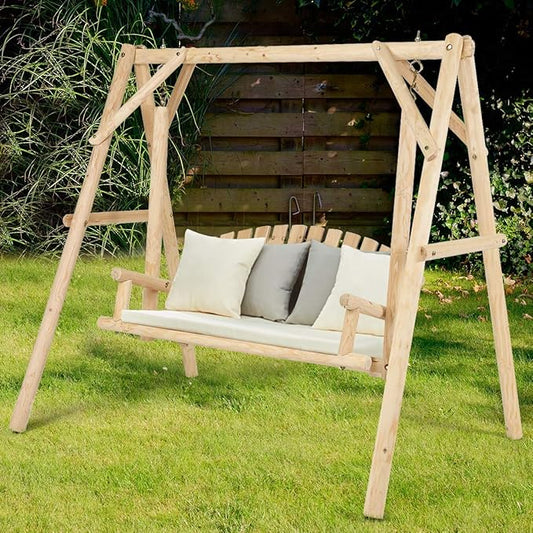 Tangkula A-Frame Wood Log Swing Bench, Outdoor Rustic Curved Back Swing Chair for Patio Garden Yard