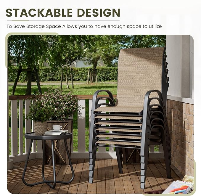 UDPATIO Patio Dining Set for 7, Outdoor Table and Chairs Set with Square Metal Table, 6 Stackable Patio Chairs, Outdoor Furniture for Deck Garden Backyard Lawn Poolside (Brown)