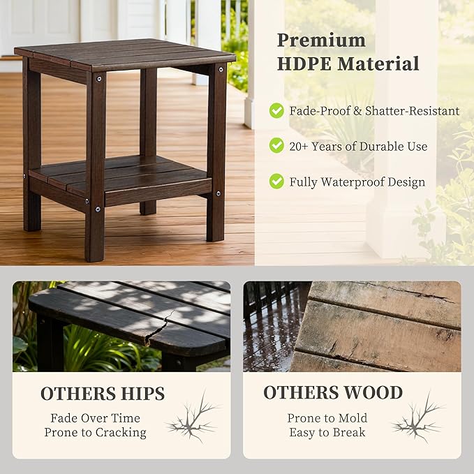 Outdoor Side Table, Double Layer Small Side Tables,All Weather Adirondack Side Table, Waterproof Outdoor End Tables for Patio, Pool, Porch (Brown)