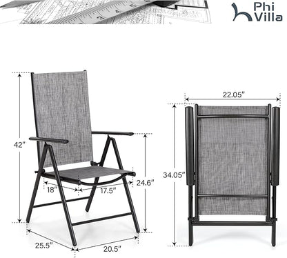 PHI VILLA Outdoor Patio Folding Chairs Set of 6, Portable Patio Dining Chairs with Adjustable Backrest for Outside, Garden, Lawn & Yard, No Assembly, Grey