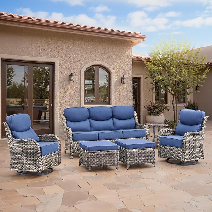 Swivel Patio Chairs sofa Set of 6 - 6" Thick Cushion - Wicker Outdoor Swivel Rocker Patio Chair ,Sofa/Glass coffee - Photo 1