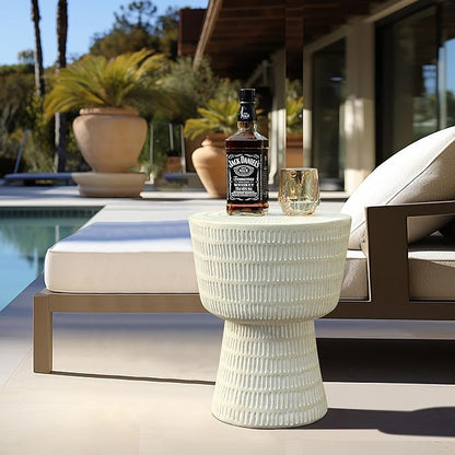 LuxenHome Outdoor Side Table, 15'' Off White Round Spiral Pattern Accent End Table, Indoor Outdoor Coffee Tables for Patio, Living Room, Backyard,Garden Stool and Plant Stand
