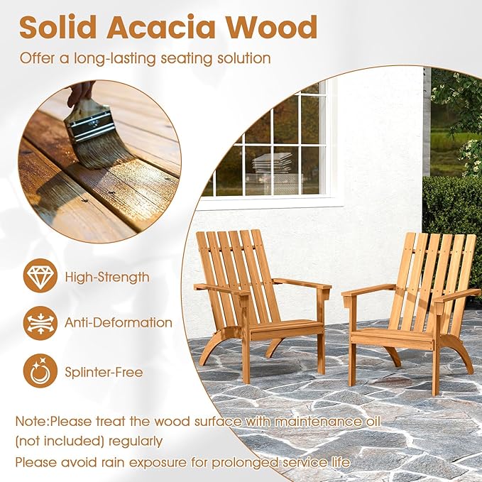 Giantex Adirondack Chair, Acacia Wood Fire Pit Chairs w/Inclined Seat, High Backrest, Ergonomic Outdoor Slatted Patio Chair for Backyard, Poolside, Lawn, Porch