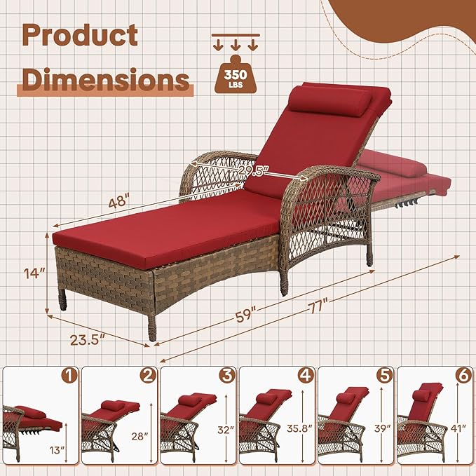 HOMEDIARY 2-Piece Outdoor Wicker Lounge Chairs with Cushion, Rattan Patio Chaise Loungers with 6-Level Backrest - Photo 2
