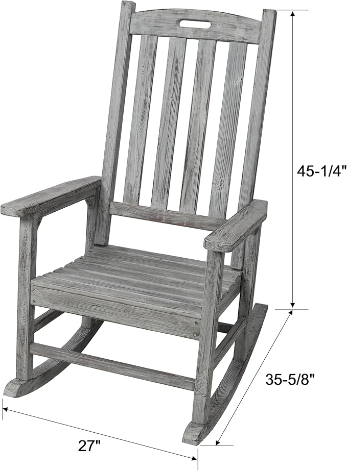 Patio Wooden Rocking Chair, High Back Wood Rocker Accent Chairs, Durable Porch Rocker Chair with Wide Seat, Patio Rockers for Outdoor & Indoor, Garden, Porch (Grey)
