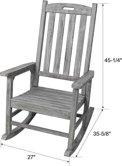 Patio Wooden Rocking Chair, High Back Wood Rocker Accent Chairs, Durable Porch Rocker Chair with Wide Seat, Patio Rockers for Outdoor & Indoor, Garden, Porch (Grey)