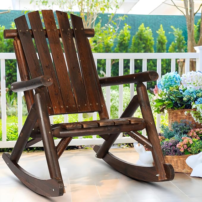 Outdoor Wooden Rocking Chair, Patio Rustic Adirondack Porch Rocker, All Weather Solid Wood Log Rocker High Back Lounge Chair with Slatted Seat for Indoor, Deck, Backyard, Carbonized