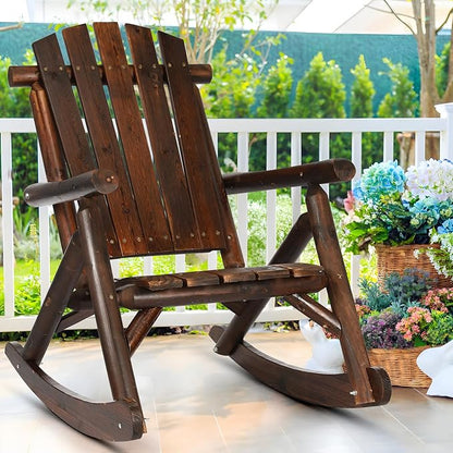Outdoor Wooden Rocking Chair, Patio Rustic Adirondack Porch Rocker, All Weather Solid Wood Log Rocker High Back Lounge Chair with Slatted Seat for Indoor, Deck, Backyard, Carbonized