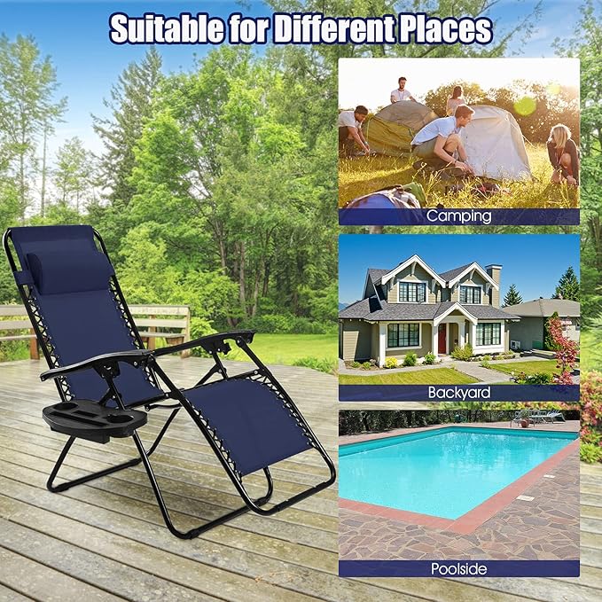 Folding Zero Gravity Reclining Textilene Lounge Chairs, Outdoor Adjustable Patio w/Pillows & Cup Holder Trays for Backyard, Beach, Poolside (NY)