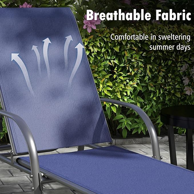 COSTWAY Outdoor Lounge Chairs Set of 2, Patio Chaise Lounge Recliner with Heavy Duty Steel Frame, 5-Position Adjustable Backrest for Deck, Beach, Pool (2, Navy)