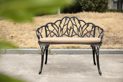 Tulip Patio Garden Bench Metal Park Bench Cast Aluminum Outdoor Furniture with Floral Rose for Patio,Park,Lawn,Yard Black Withe Cushion