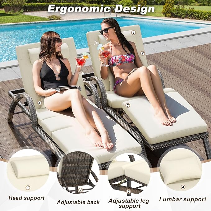 MEISSALIVVE Outdoor Lounge Chairs Set of 2, Patio Chaise Loungers with Adjustable 5-Position & Leg Support, PE Rattan Chaise Lounge, Wicker Pool Recliners Chair for Backyard, Porch, Deck,（Brown