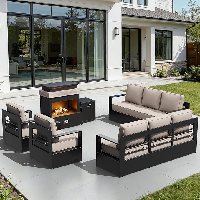 Outdoor Aluminum Furniture Set, 5-Piece Patio Conversation Set, 2 Swivel Chairs, 2 Sofa and 1 Fireplace - Photo 1