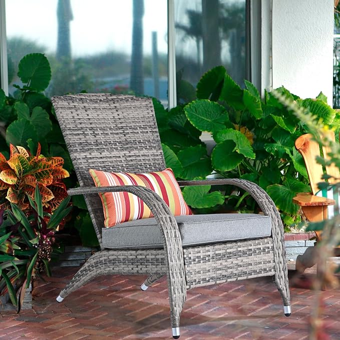 Outdoor Wicker Adirondack Chairs Set 2 Rattan Fire Pit Chairs Oversized Comfy Relax Accent Patio Chairs with Soft Cushion Low Deep Seating Tall Curved Backrest for Outside Backyard Deck Porch Grey