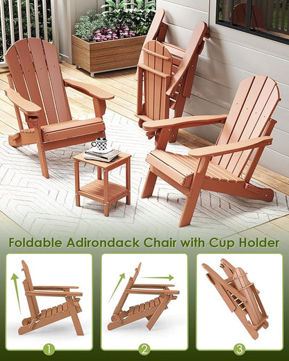 GREENVINES Folding-Adirondack-Chairs-Set-of-4 | HDPE Plastic | Fire Pit Chair | All Weather | Cup Holder | Teak | for Deck Backyard Patio Outdoor Garden