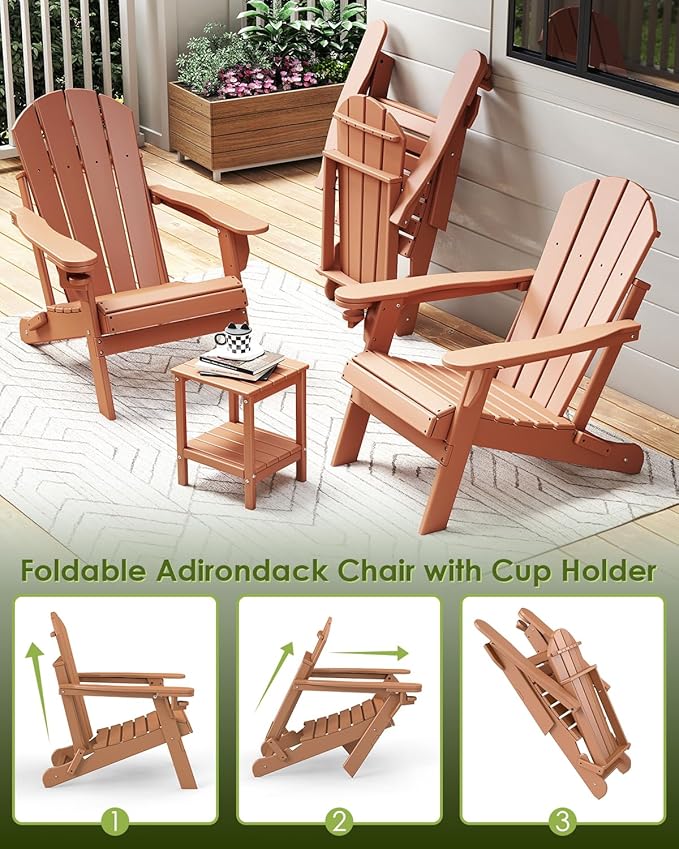 GREENVINES Folding-Adirondack-Chairs-Set-of-2 | HDPE Plastic | Fire Pit Chair | All Weather | Cup Holder | Teak | for Deck Backyard Patio Outdoor Garden