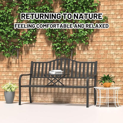 YLGJ&TIDY 50 Inches Patio Bench Outdoor Metal Bench with Stripe Pattern Backrest Armrest Rust-Resistant Pull-Out Table Outdoor Porch Benches for Garden Park Lawn Yard Front Porch (BENCH04 2PK)