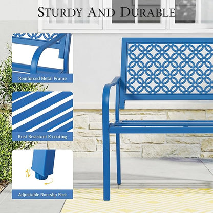 ONBRILL 50" Outdoor Bench, Garden Benches with Galvanized Metal Frame, Front Porch Bench with Floral Backrest, Patio Furniture with Adjustable Feet for Park, Yard, Lawn, Entryway, Blue