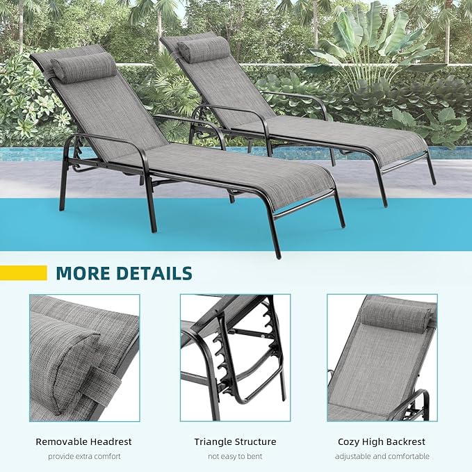 EROMMY Patio Chaise Lounge Chair, Set of 2 Outdoor Lounge Chairs with Adjustable Backrest - Photo 5