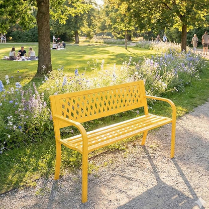 Outdoor Garden Bench, 47'' Outdoor Bench, Weather Resistant Garden Patio Bench Powder Coated Iron Frame w/PVC Mesh Backrest Slatted Seat, 2-Person Outdoor Furniture for Front Porch Entryway(Yellow)