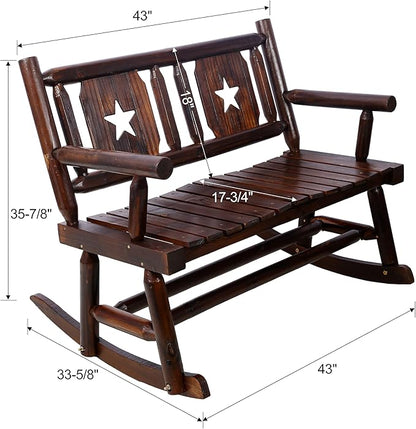 Outdoor Wood Rocking Bench, Carbonized Double Rocking Chair for 2 Persons with Wide Curved Seat, Porch Rocker for Porch, Garden, Backyard, Rustic Brown (Brown-Rocking)