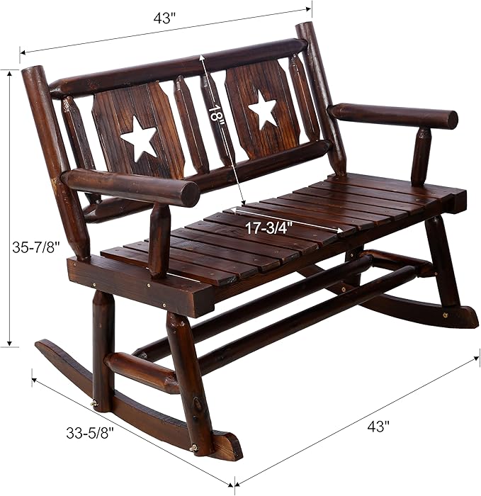 Outdoor Wood Rocking Chair, All-Weather Resistant 2-Person Loveseat,Heavy Duty Bench with Wide Curved Seats, Modern Solid Wood Rocking Loveseat for Patio, Backyard, Garden,Porch, Rustic Brown