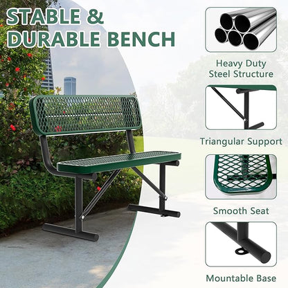 Park Benches for Outside, Garden Benches Weatherproof with Backrest - Heavy-Duty Metal Bench for Patio Porch Backyard School Sports Church Locker Room Bench Commercial-Grade Seating (Green, 4FT)