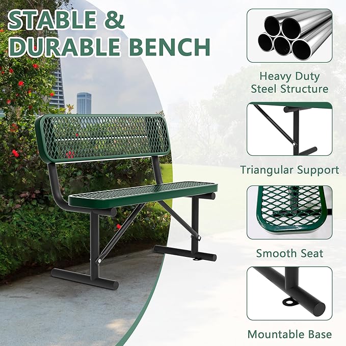 48" Metal Park Benches for Outside - Green Outdoor Benches Heavy Duty Garden Weatherproof Bench with Backrest, Buddy Bench for Schools,Commercial Benches for Shopping Mall, Store, Yard, Patio