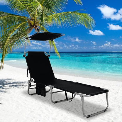 Tangkula Outdoor Folding Chaise Lounge Chair, 5-Fold Reclining Beach Chair, Patio Recliner Chair w/ 360° Canopy Shade & Side Storage Pocket, Portable Chaise Lounge for Beach, Sunbathing (2, Black)