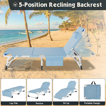 MOPHOTO Oversized Beach Lounge Chair, 5-Position Adjustable Tanning Chair with Face Hole, Heavy Duty Folding Chaise Lounge for Beach, Pool, Patio & Sunbathing