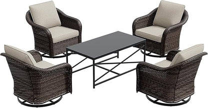 5 Pieces Outdoor Patio Conversation Furniture Set, 4 Pieces Rattan Glider 360 Degree Swivel Rocker Chairs with Removable Cushions, Coffee Table for Porch, Poolside (Beige)