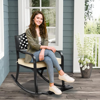 VINGLI Metal Rocking Chair, Outdoor Rocking Bench with Cushion, Patio Rocker with Footrest, Weatherproof Rocking Chair for Outside, Patio, Garden, Hole Backrest