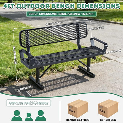 4 Feet Heavy Duty Park Bench with Armrests & Back Portable Frame, Outdoor Steel Bench with Backrest, Expanded Metal Mesh Bench for Lawn, Park, Deck, Garden, Patio, Porch, Black