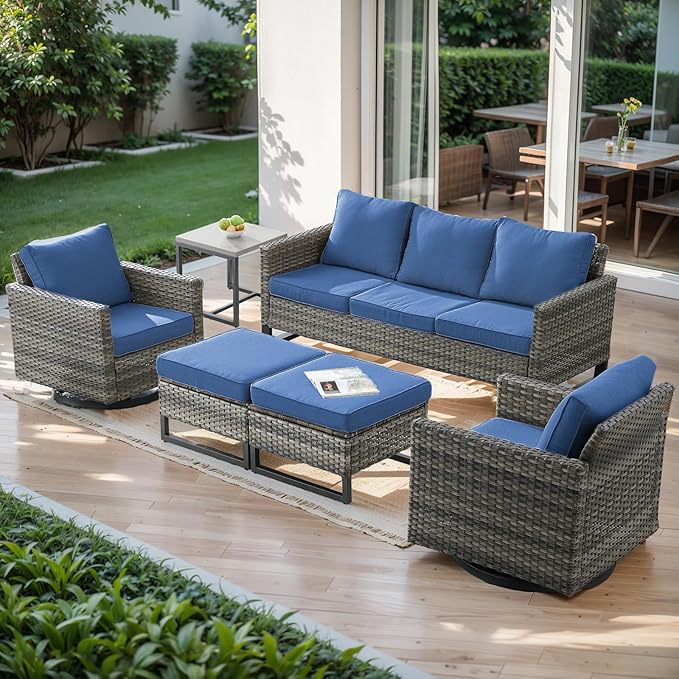 Wicker Outdoor Patio Furniture Set - 6 Piece Patio Conversation Set with 2 Swivel Rocker Chairs, 2 Rattan Ottoman - Photo 1