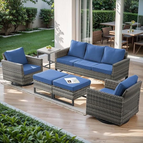 Wicker Outdoor Patio Furniture Set - 6 Piece Patio Conversation Set with 2 Swivel Rocker Chairs, 2 Rattan Ottoman - Photo 1