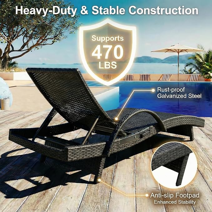 Wicker Outdoor Lounge Chairs with Pull Out Side Table, Pool Lounge Chairs Set of 4, Rattan Outdoor Lounger, Adjustable Backrest Patio Chaise Lounges for Garden, Backyard, Tanning Chair, Dark Brown