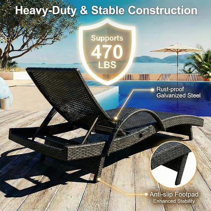 Wicker Outdoor Lounge Chairs with Pull Out Side Table, Pool Lounge Chairs Set of 4, Rattan Outdoor Lounger, Adjustable Backrest Patio Chaise Lounges for Garden, Backyard, Tanning Chair, Dark Brown