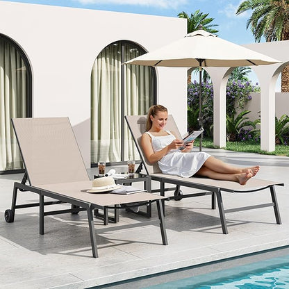 Amopatio 3 Piece Patio Lounge Chairs Set 2 Pool Chaise Lounges with Wheels and 1 Side Table 5-Position Adjustable Lounge Furniture with Heavy-Duty Steel for Backyard Poolside,400 LBS Capacity, Khaki